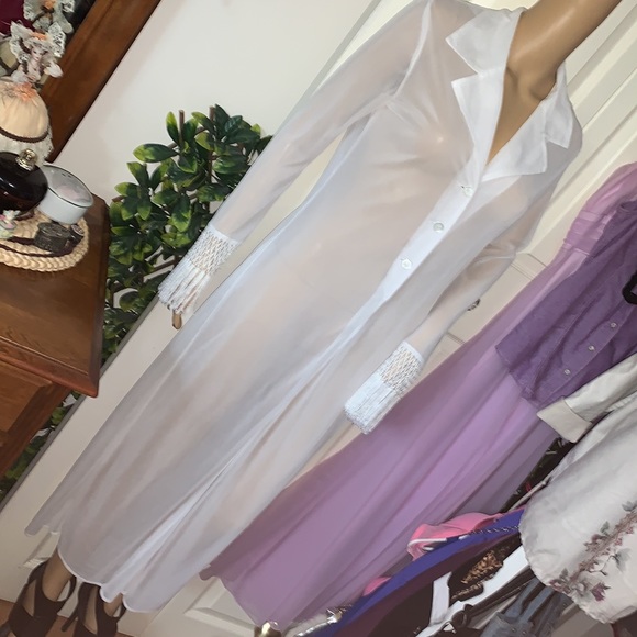 Y2K White sheer flapper fringe sexy maxi duster cardigan club coat jacket S - Picture 7 of 14